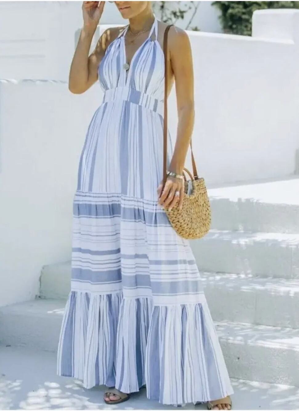 Luxxel Women Maxi Dress With Blue Stripes Size S Open Back